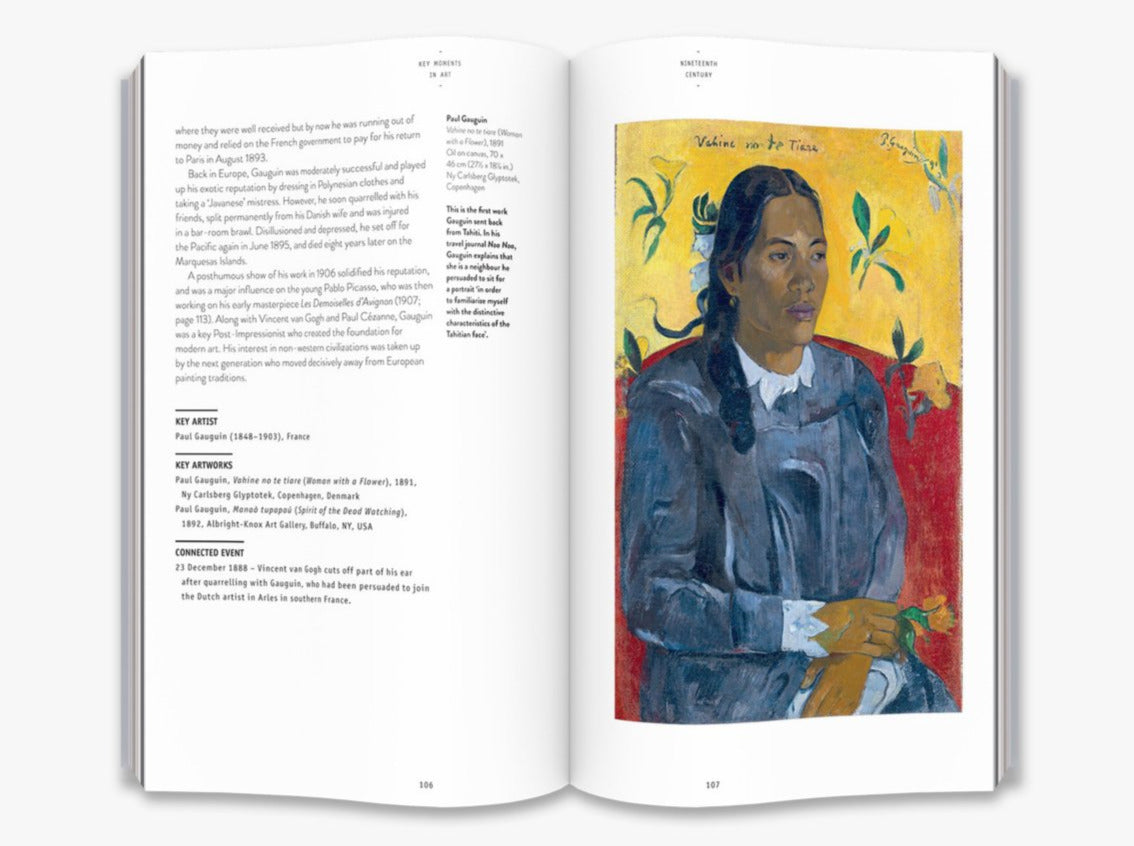 A two page spread from inside the book. On the left is text about Paul Gauguin’s travels. The right page is a painting by him of a young woman in a blue dress with a yellow and red background.