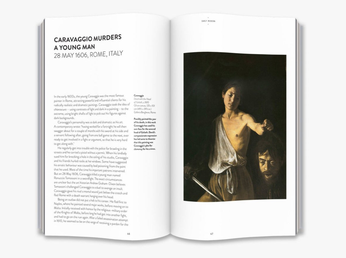 A two page spread from inside the book. On the left is text about Caravaggio committing murder. The right page is a painting by him of a young man holding a decapitated head.