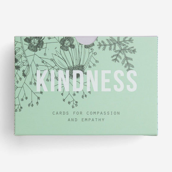 A mint green box with a black line drawing of flowers. Kindness is in the centre in white capitals.