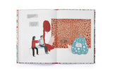 A two page spread of a woman in red beside a large boxed room filled with black dots. There are speech bubbles with text.