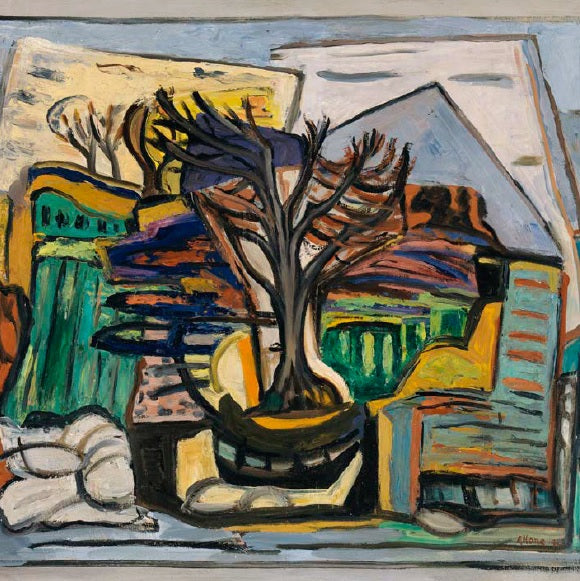 A cubist painting with a tree in the centre. The landscape is flattened around it giving a more abstract look. The brush strokes and paint texture are visible.