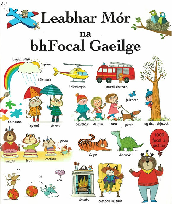 A white cover filled with colourful cartoon drawings of many different things and their Irish word, from butterfly, to friend, to fire, to sun. The title is across the top in black.