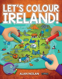 A drawing of a map of Ireland with different landmarks. Cartoon hands are drawing it. The title is in white at the top.