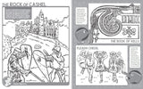 Black and white line drawings to colour including a battle outside a castle, and Irish dancers. There is text about each image.