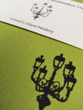 A close up of the lamp illustration also showing the texture of the lime green cloth cover.