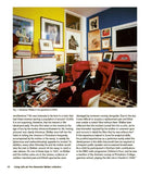 An example page with text about Walker’s life, with a large photo of Walker sitting in a chair surrounded by his collected art work at home.