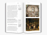 A two page spread from inside the book. On the left page is text about group paintings. The right page is two paintings of large groups in different styles from different periods.