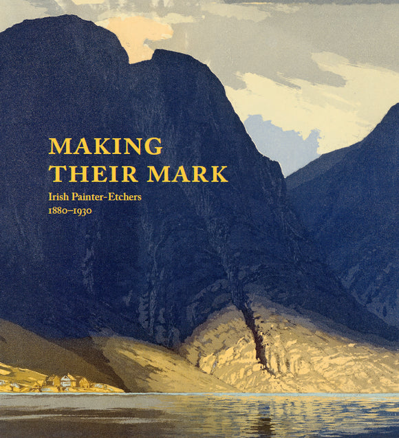 A painting of a mountain in shadow leading down to the shore of a lake illuminated by the sun. The title is in the top left in yellow.