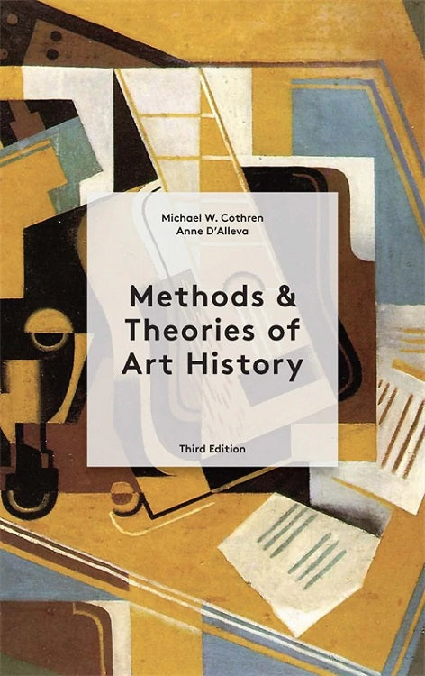 A flat, cubist, rust toned painting of a desk with instruments. A white square in the centre has the title in black letters.