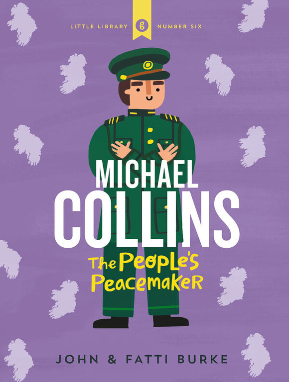 A purple cover with a cartoon illustration of a man in a military uniform, Michael Collins. The title is white.