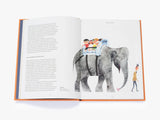 A two-page spread. The right is an illustration of children on an elephants back. The left is text about Sasek’s childhood.