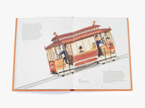 A two page spread of an illustration of a San Francisco cable car. There is text in the top left and bottom right corner.