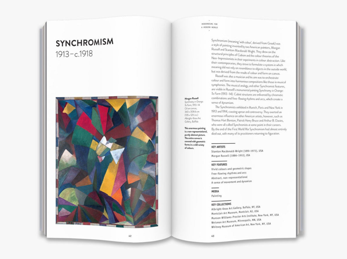 A two page spread from inside the book on Synchromism. The left page is a painting made up of many different shapes and colours. The right page is text about the movement.
