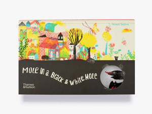 Horizontal book of a colourful stamped town with a black bottom half. A cut out in the black reveals a mole. The title is white.