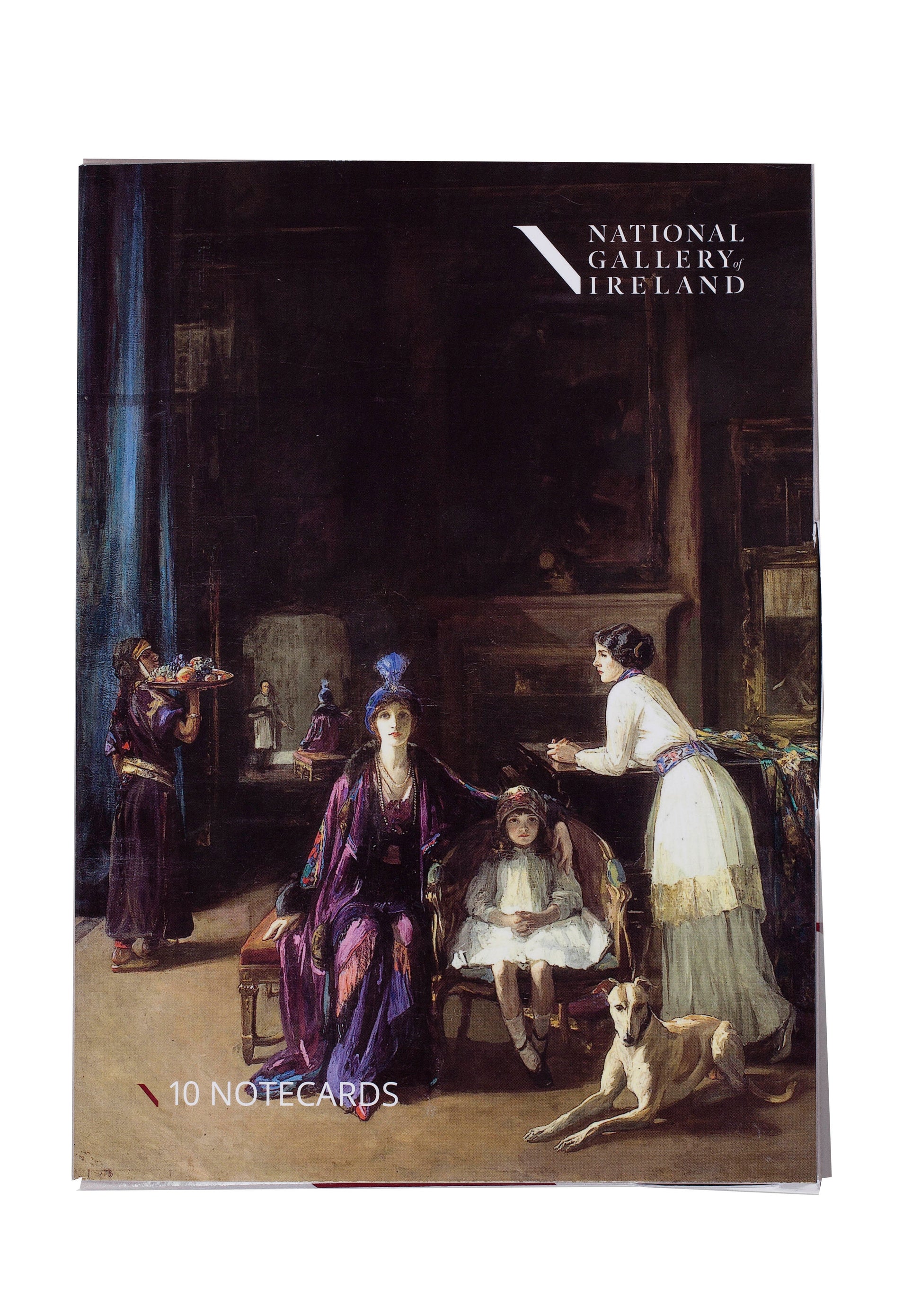 The pack cover is a painted portrait of a family. An elegantly dressed woman and a girl in white sit beside each other on a chair. To the right a young woman in white stands leaning on a table, a dog sitting in front of her. To the left a woman holds a tray aloft in one hand. The artist is reflected in a mirror in the background. The top half is taken up by the tall, dark walls of the room they are in.