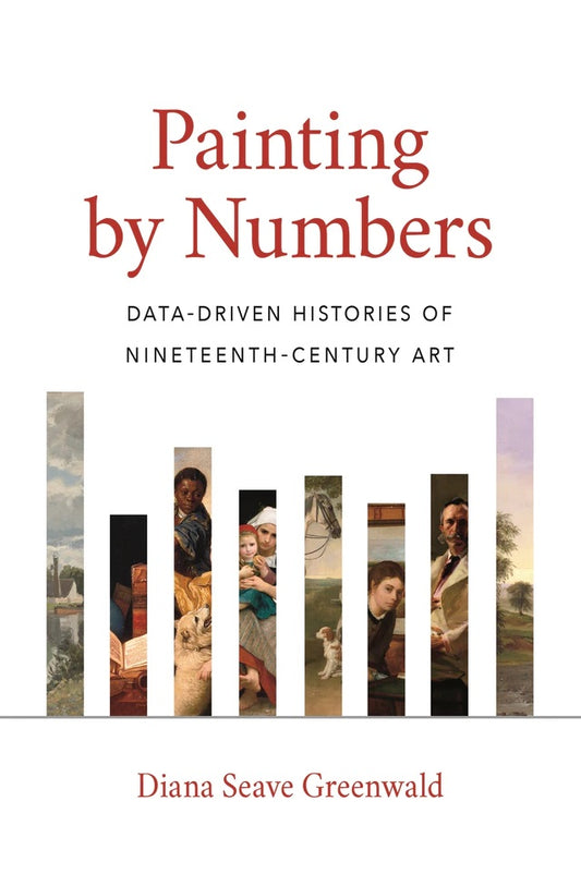 A white cover with a bar chart except each bar is a piece of a different painting, from portrait to landscape to animals. The title is across the top in red letters.