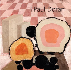 A cubist like painting of what look like cut open geodes with pink and orange centres. There is a pink check floor in the background. The title is in the top right in thin, black letters.