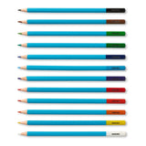 A row of 12 pencils coated blue, with the bases coated to match the pencils colour.