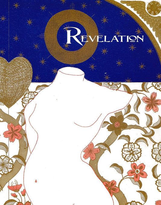 Book cover for "Revelation," published by the National Gallery of Ireland. The cover design is rich and intricate, with the top half of the cover a rich celestial pattern of navy blue with gold stars, a large gold circle and a slight arch to the side with golden angel wings. The bottom half is a brown and pink floral pattern with leaves and branches on a white background. There is a drawing of the torso of a white mannequin like figure on the bottom half also.
