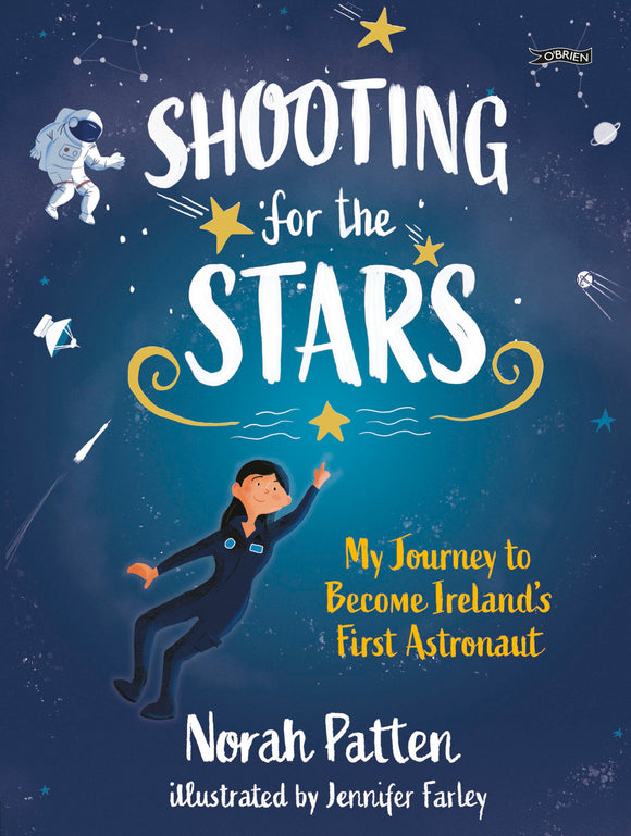 A navy cover where the title takes up the top half in white letters. It is surrounded by stars and an astronaut. Below is a woman reaching for a star.