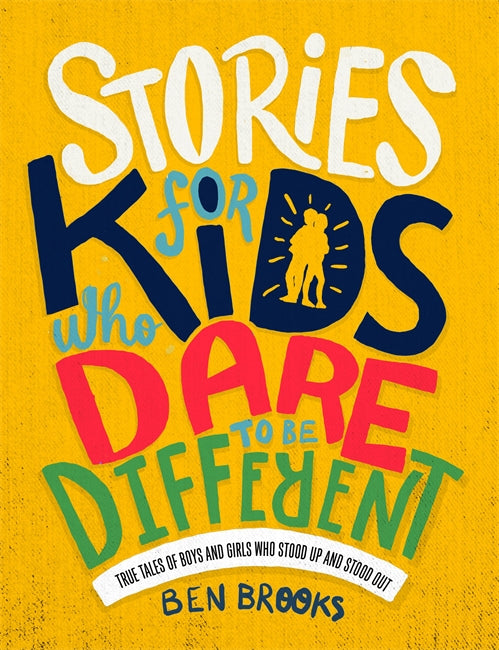 The title takes up the whole cover. Each word is a different colour and different font. They are white, navy, blue, red and green against a yellow background.