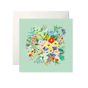 A light green card with a large, colourful drawing of a bouquet of flowers in the centre.