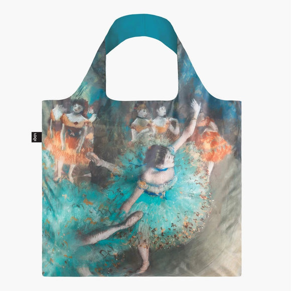 A square bag covered in a painting of a ballerina dancing in an aqua blue tutu, other ballerinas stand in the back in orange dresses. The handle lining is a matching blue.