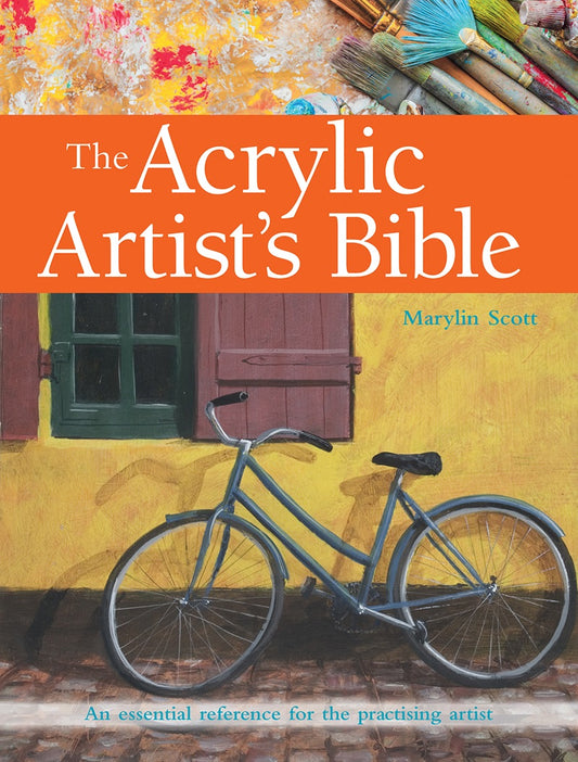 The bottom half of the cover is a realistic painting of a bike leaning on a yellow wall. Above is an orange band with the title written in thin, white letters. Across the top is paint splattered paper and used paint brushes.