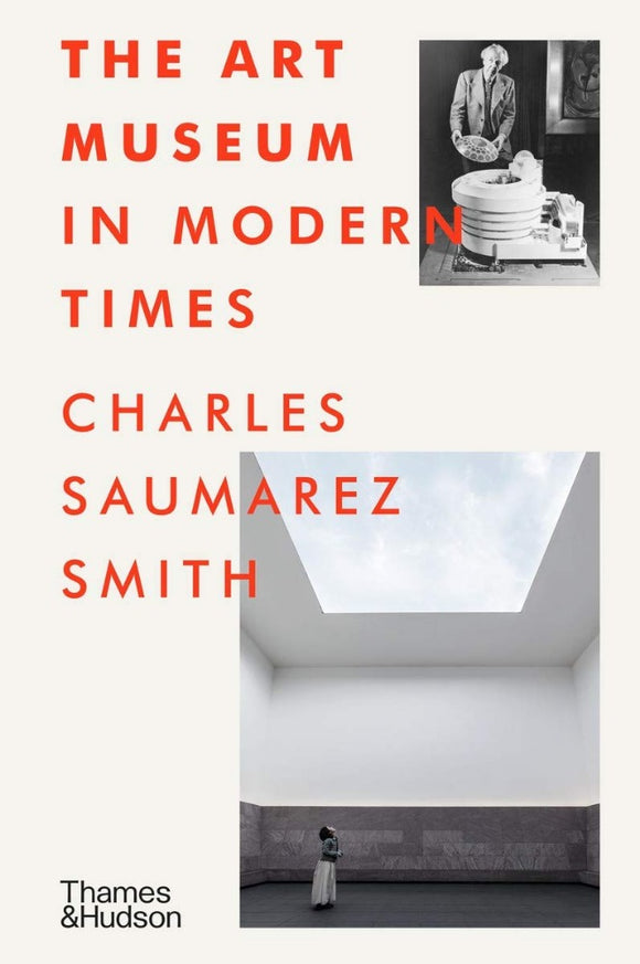 An off white cover with the title in red capital letters in the top left with the author underneath. There are two black and white photos to the right, one of a room with a large roof window, and one of a man standing beside an architectural model of a round building.