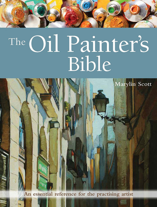 The bottom half of the cover is a painting or a narrow street with tall buildings. Above is a grey blue band with the title written in thin, white letters. Across the top are open paint tubes in different colours.