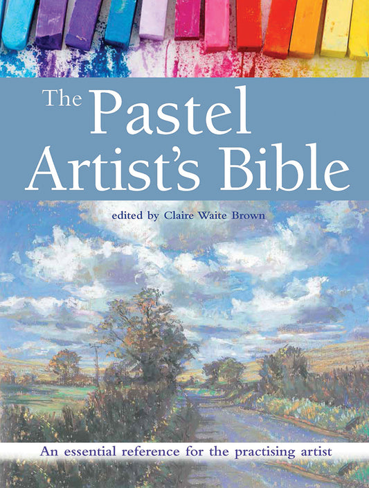 The bottom half of the cover is a drawing of a landscape with a river and a blue cloudy sky. Above is a blue band with the title written in thin, white letters. Across the top are pastel sticks in different colours.