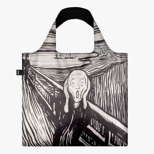 A square bag with a black and white line illustration of a bald man screaming with hands on his cheeks, standing on a bridge in front of a landscape. The handle lining is black.