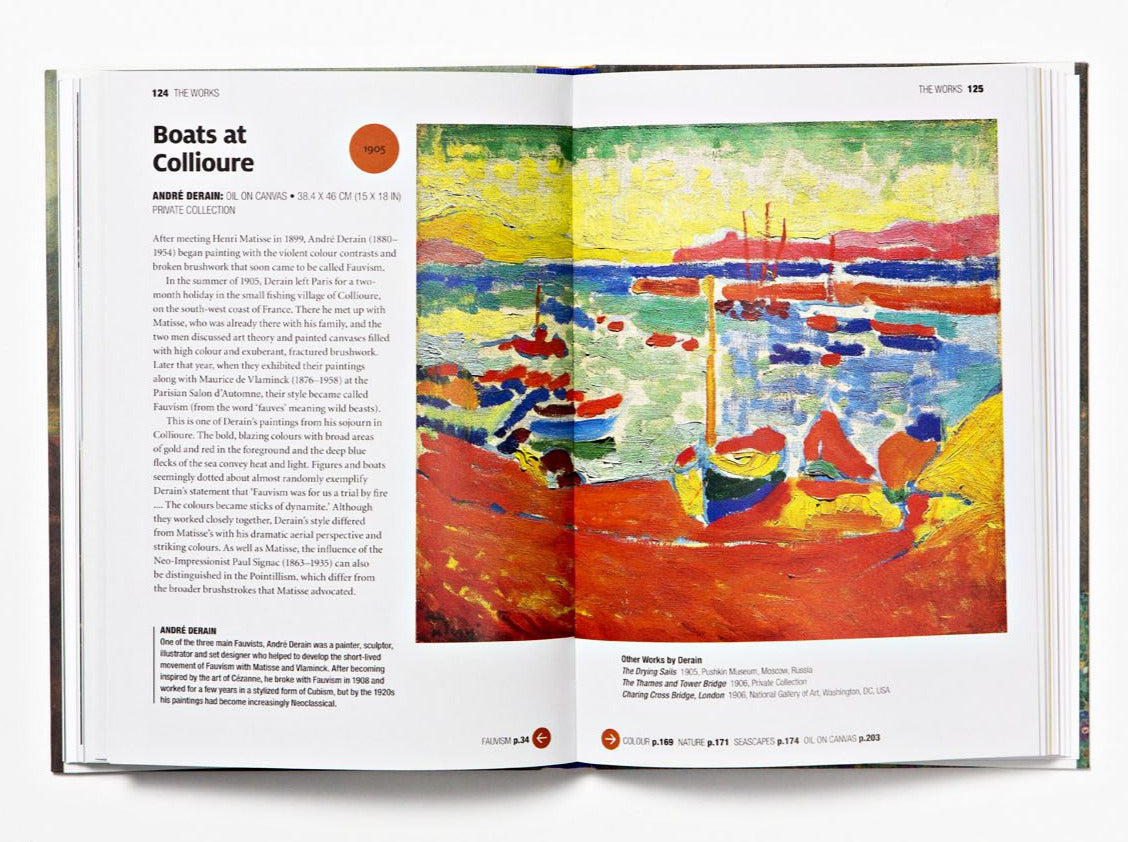 A two page spread from inside the book about the painting ‘Boats at Collioure’. The colourful impressionist painting of a boat on a beach takes up most of the pages, with text to the left.