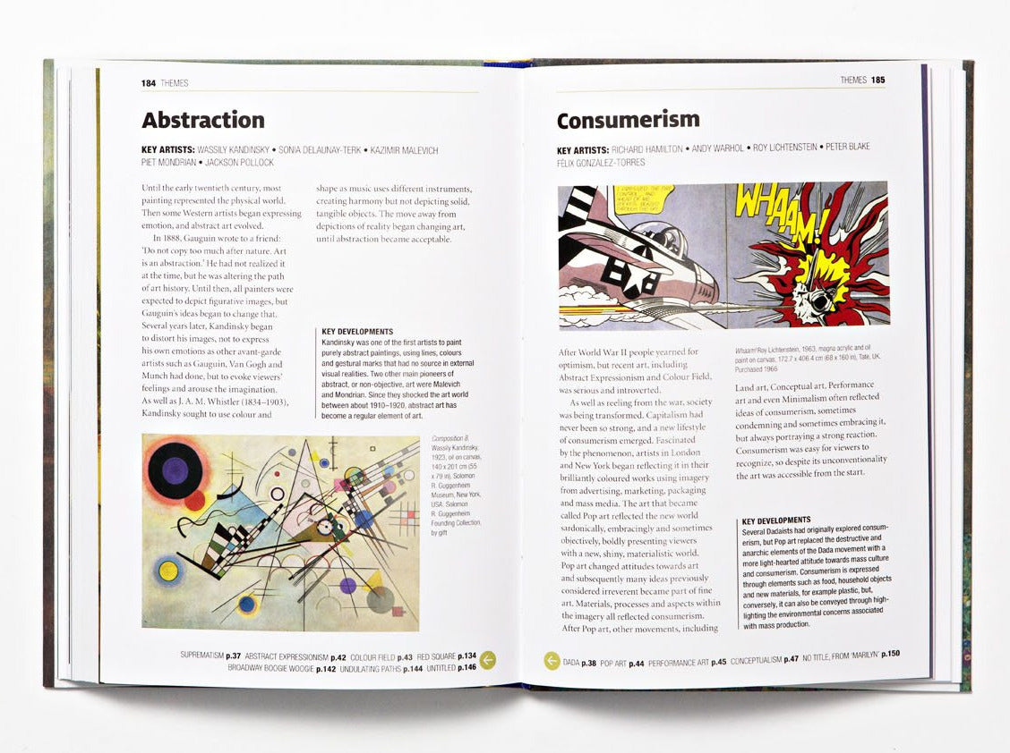 A two page spread from inside the book. Each page is about a different art movement with an example image and text including key artists and developments.