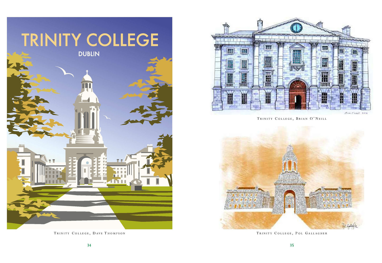 A two page spread from inside the book. There are three illustrations of the entrance to Trinity college, each by different artists in very different styles.