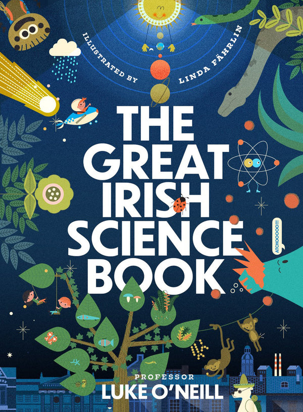 A navy cover with the title down the centre in white capital letters. Around it are different flat illustrations including a rocket, a tree, a volcano, dinosaurs, and the planets.
