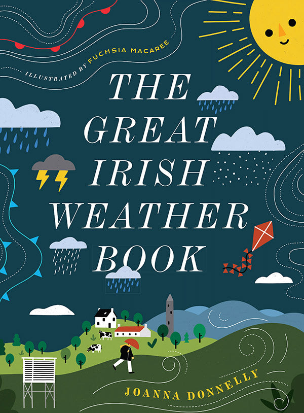 A navy cover with the title down the centre in white capital letters. Around it are different flat illustrations of the weather including, a smiling dun, rain clouds, lightening, and a woman walking through a windy field across the bottom.