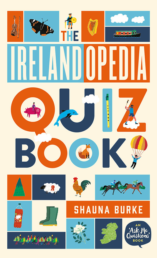 A cover made up of different squares of red, blues and cream. Each one has a different drawing of an Irish item such as a harp, a canal boat and horses. The title is across the middle in the same colours.