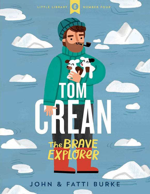 A blue background with a pattern of icebergs. A flat illustration of a man in a wool hat and jumper with a pipe, holding puppies stands in the centre. The title is in large white, capital letters in the centre.