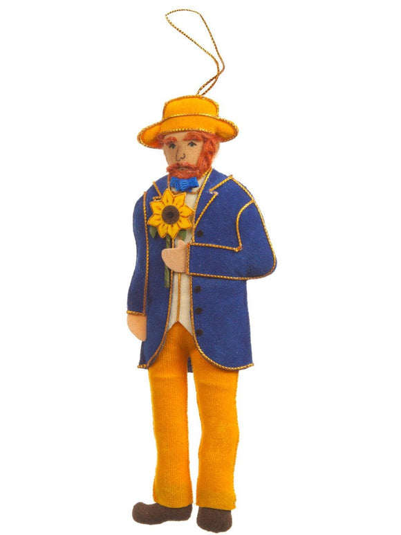 A felt man with a ginger beard wearing a yellow hat and trousers with a blue jacket detailed in gold thread, holding a sunflower, hanging from a gold thread.