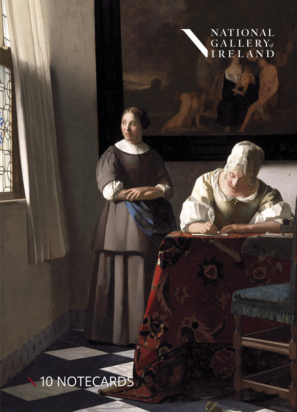 The pack cover is a painting. On the right a woman sits at a table writing a letter. A maid stands beside her looking out the window to the left which illuminates the scene. Behind them a large painting hangs on the wall.