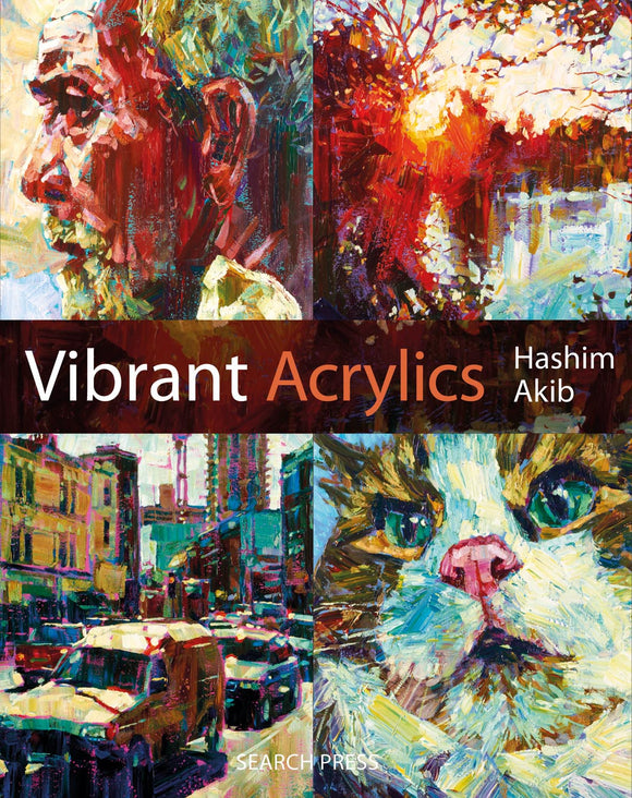 The cover is split in four with a different painting in each corner: a city street, a cat, a landscape, and an old man. A brown bar across the centre has the title in thin white letters.