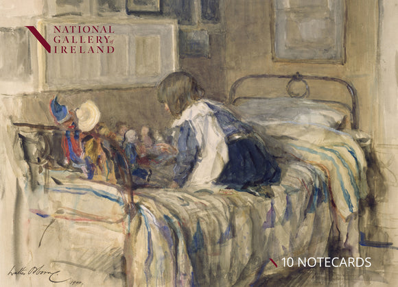 The pack cover is  a painting of a young girl sitting on a bed with her back to the viewer. She appears to be talking to the various toys lined up along the edge of the bed.