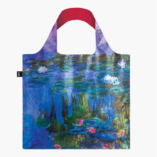 A square bag covered in a painting of bright blue water with green lily pads, and water lily flowers in white and shades of pink. The handle lining is a matching red.