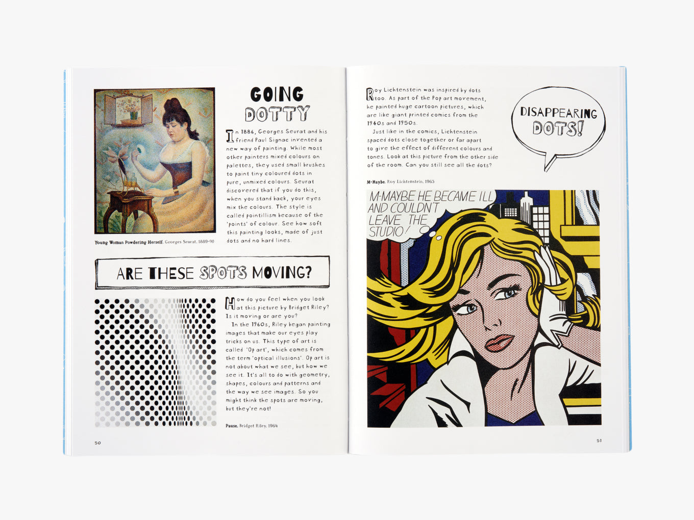 A two page spread from inside that book called ‘Going Dotty’ explaining art styles such as pointillism, comic art, and optical illusions with examples pieces.