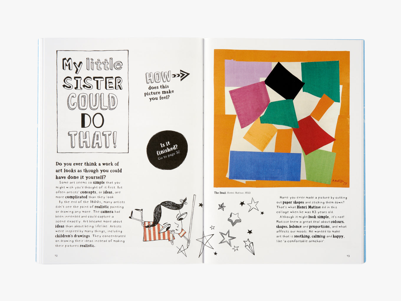 A two page spread from inside the book with the statement ‘My little sister could do that’ that uses an abstract painting to explain modern art.