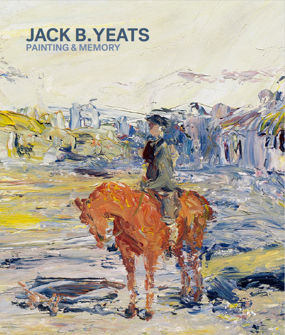 A highly textured, post-impressionist painting of a man on a brown horse. The title is in the top left in blues.