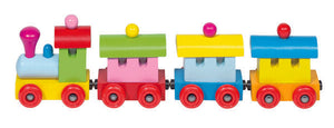 A simple wooden train engine with three carriages. All the pieces are different bright colours.