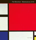 A painting of white squares and rectangles with black lines separating them, with a large red square taking up most of the image. There is a black bar across the top with the title in white letters.